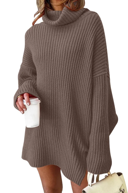 LILLUSORY Women's Turtleneck Long Sleeve Oversized Knit Pullover Sweaters Tunic Dress, Nutmeg., M - Image 1