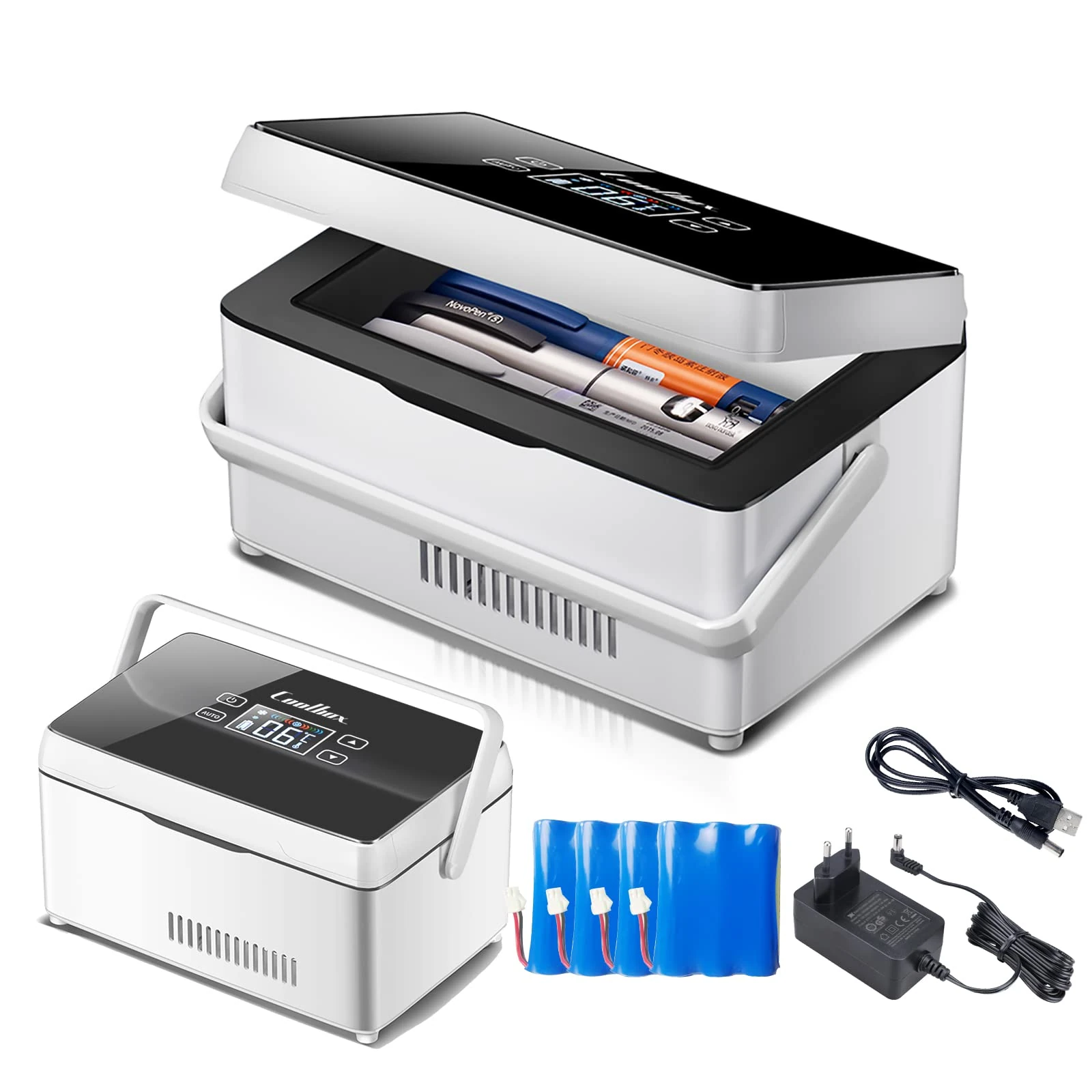 Portable Insulin Refrigerator Mini Cooler with Handle and Battery LED Display 2-8° Large Space Medicine Refrigerator 10200mAh Lithium Battery-4Battery