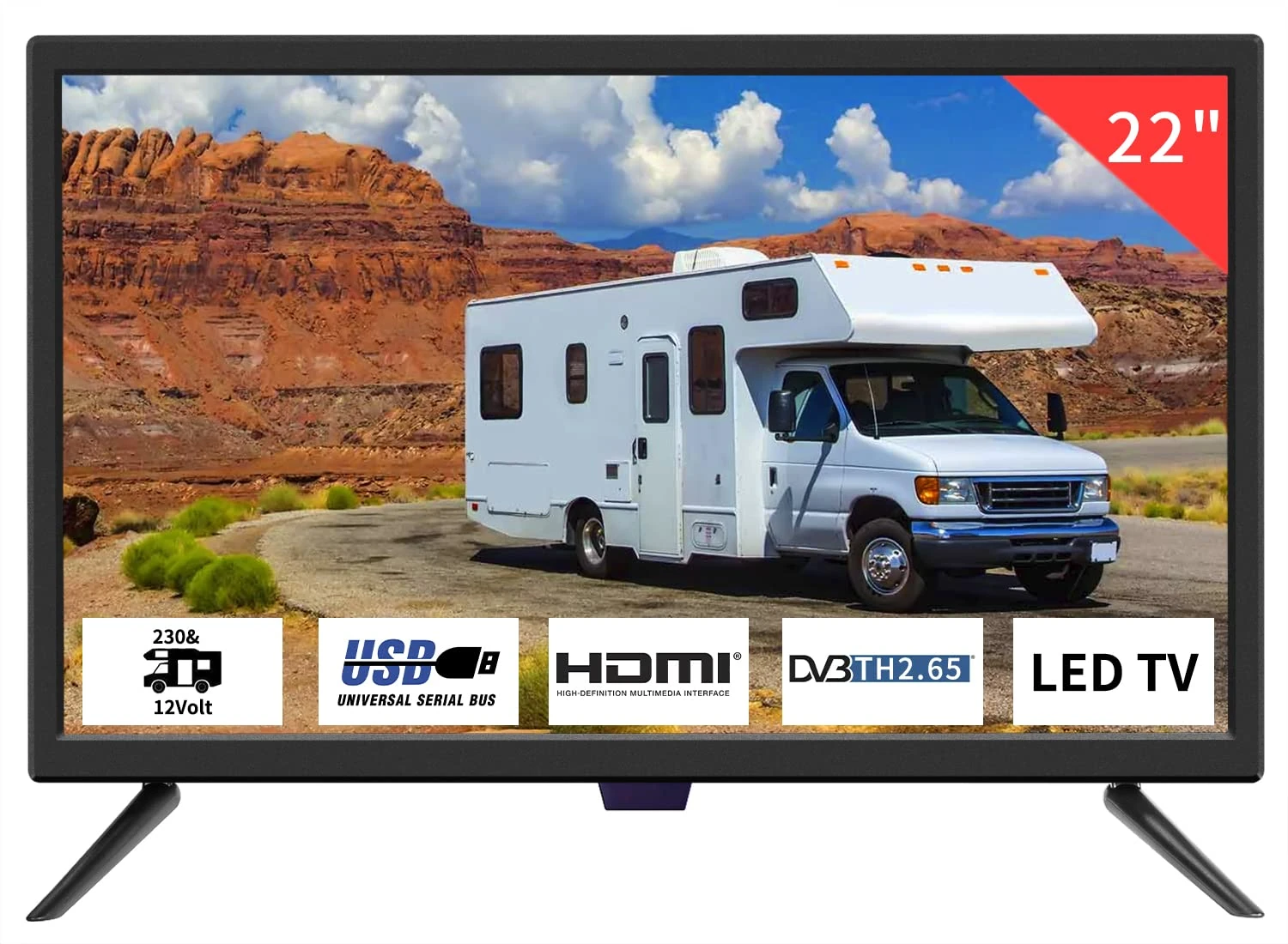 ZOSHING TV 22 inch HD 1080P Screen, Small tv with Freeview Receiver, 12 volt TV Built Digital T2 Tuner, USB, HDMI/RCA/VGA inputs, Suitable for Bedroom Caravan