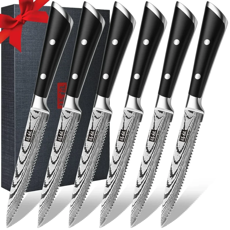 SHAN ZU Steak Knife Set, 6-Piece Steak Knives, Kitchen Steak Knife 5 Inch, High Carbon Stainless Steel Serrated Steak Knives of 6 with Premium Gift Box