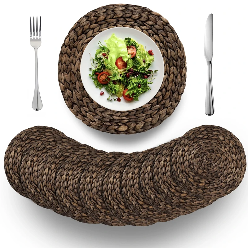 (4 Sizes: 12"-13"-14"-15") BARIEN Rustic Woven Placemats Round Set of 10, Natural Water Hyacinth Weave Placemat for Dining Table, Large Handmade Woven Placemats Heat Resistant Non-Slip (14" - Set 10) - Image 1