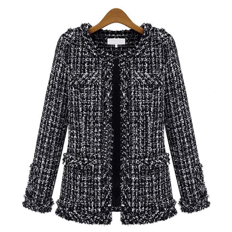 ebossy Women's Elegant Open Front Round Neck Fringed Plaid Tweed Jacket, Black, S