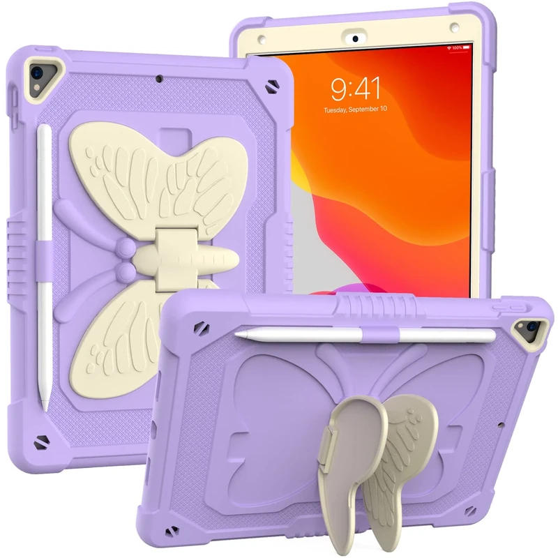 iPad 10.2 Inch 2021/2020/2019 Case with Shoulder Strap, Heavy Duty Shockproof Protective Case with Butterfly Mount for 9th/8th/7th Gen (White+Purple)