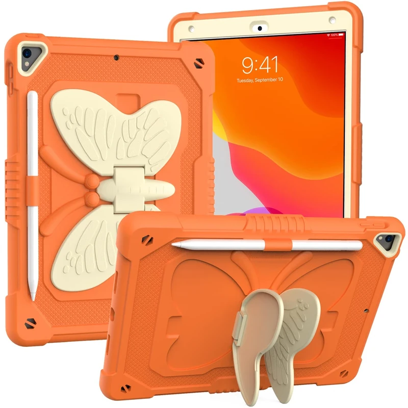 iPad 10.2 Inch 2021/2020/2019 Case with Shoulder Strap, Heavy Duty Shockproof Protective Case with Butterfly Mount for 9th/8th/7th Gen, White+Orange
