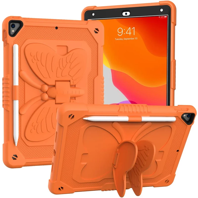 iPad 10.2 Inch 2021/2020/2019 Case with Shoulder Strap, Heavy Duty Shockproof Protective Case with Butterfly Mount for 9th/8th/7th Gen (Orange)