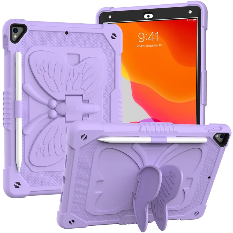 iPad 10.2 Inch 2021/2020/2019 Case with Shoulder Strap, Heavy Duty Shockproof Protective Case with Butterfly Mount for 9th/8th/7th Gen (Purple)