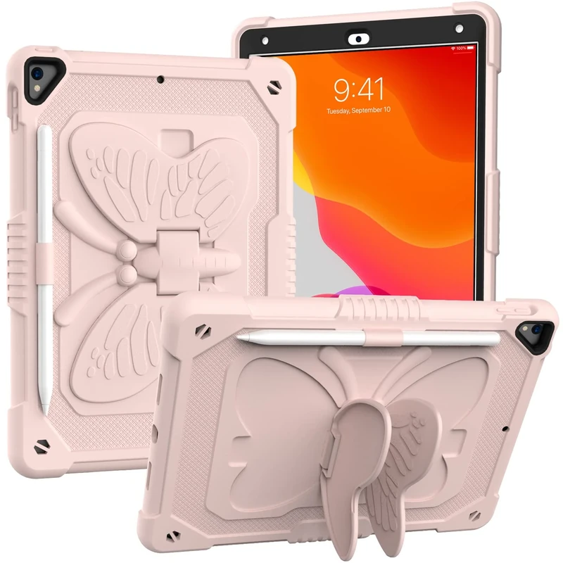 iPad 10.2 Inch 2021/2020/2019 Case with Shoulder Strap, Heavy Duty Shockproof Protective Case with Butterfly Mount for 9th/8th/7th Gen (Pink)