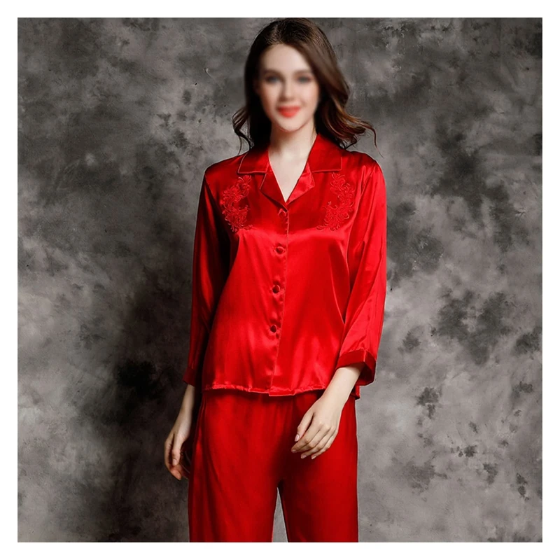 100% Silk Pajamas Set Suit Women Lovely Silk Shirt and Pants for Ladies Two-piece Sleepwear Long Solid Satin (A M)