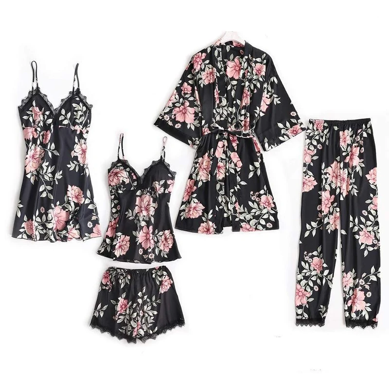 5PCS Pajamas Sleep Set Women Nightwear V-Neck Lace Sleepwear Sexy Nightie Bathrobe Wear Home Suit Spring Robe Gown (C XL)