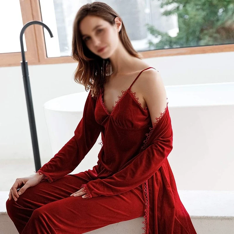 3PCS Pajamas Set Women Winter Nightwear Velour Sleepwear Bathrobe Gown Sexy Home Clothing Long Sleeve Nightwear (B M)