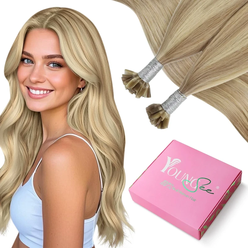 YoungSee Utip Hair Extensions Golden Blonde Highlight Medium Blonde Human Hair U Tip Extensions Blonde 20In 1G/S 50G Daily Wear