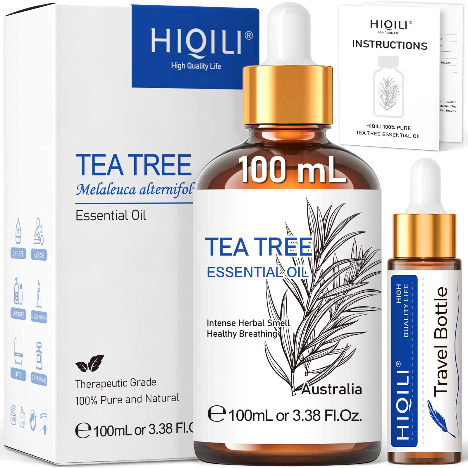 HIQILI Tea Tree Oil 100ml for Nail Fungus, Acne, Skin & Hair Care, Aromatherapy, Diffuser