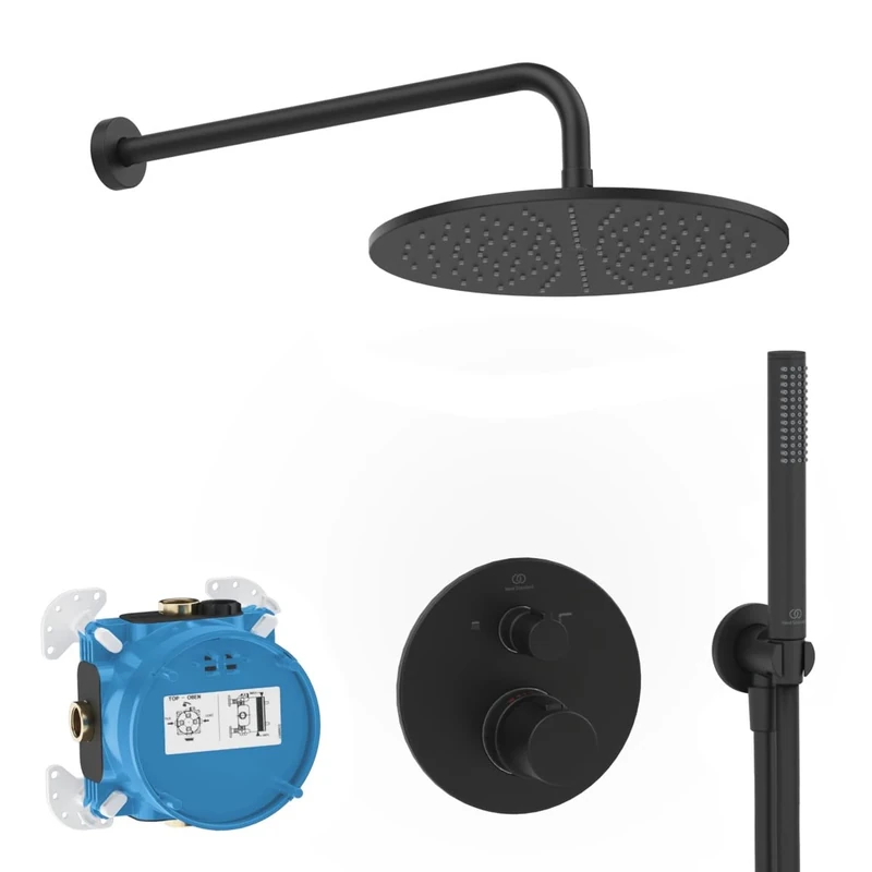 Ideal Standard Ceratherm T100 Complete Black Thermostatic Round Shower Head Set Ready to Fit Matt Black A7573XG
