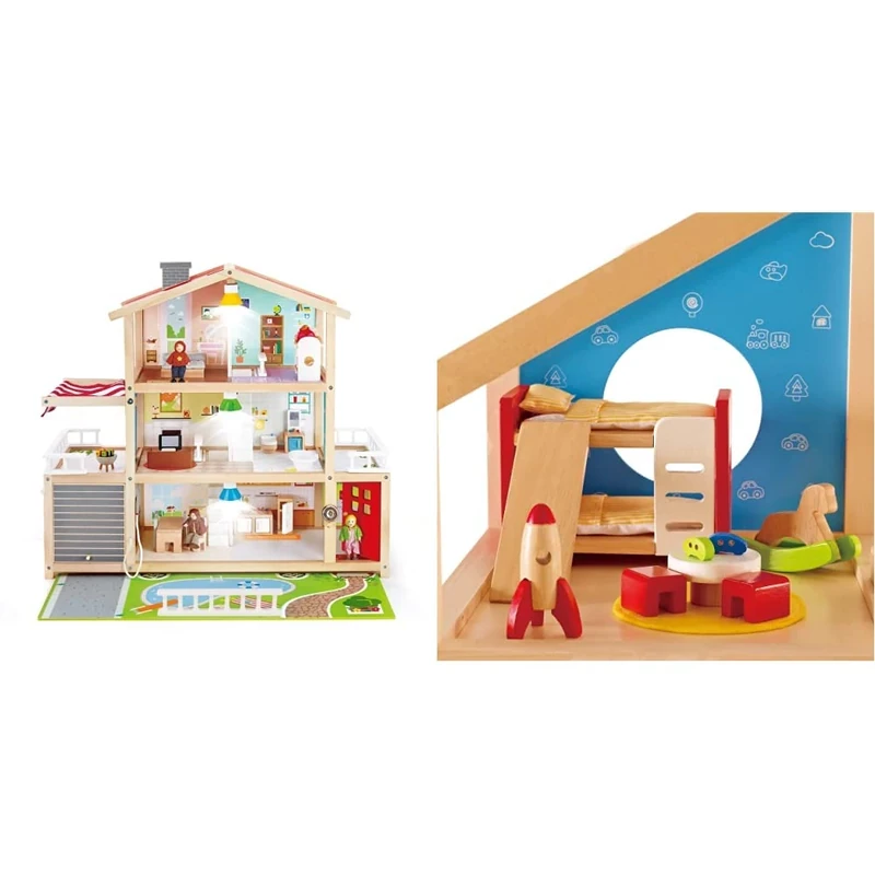 Sustainable Wood Toy, Hape Doll Family Mansion Playset With 4 Figures, 6 Rooms, 2 Balconies & Children’s Room | Highly Detailed Kid’s Room Doll House Furniture Set Including Bunk Beds