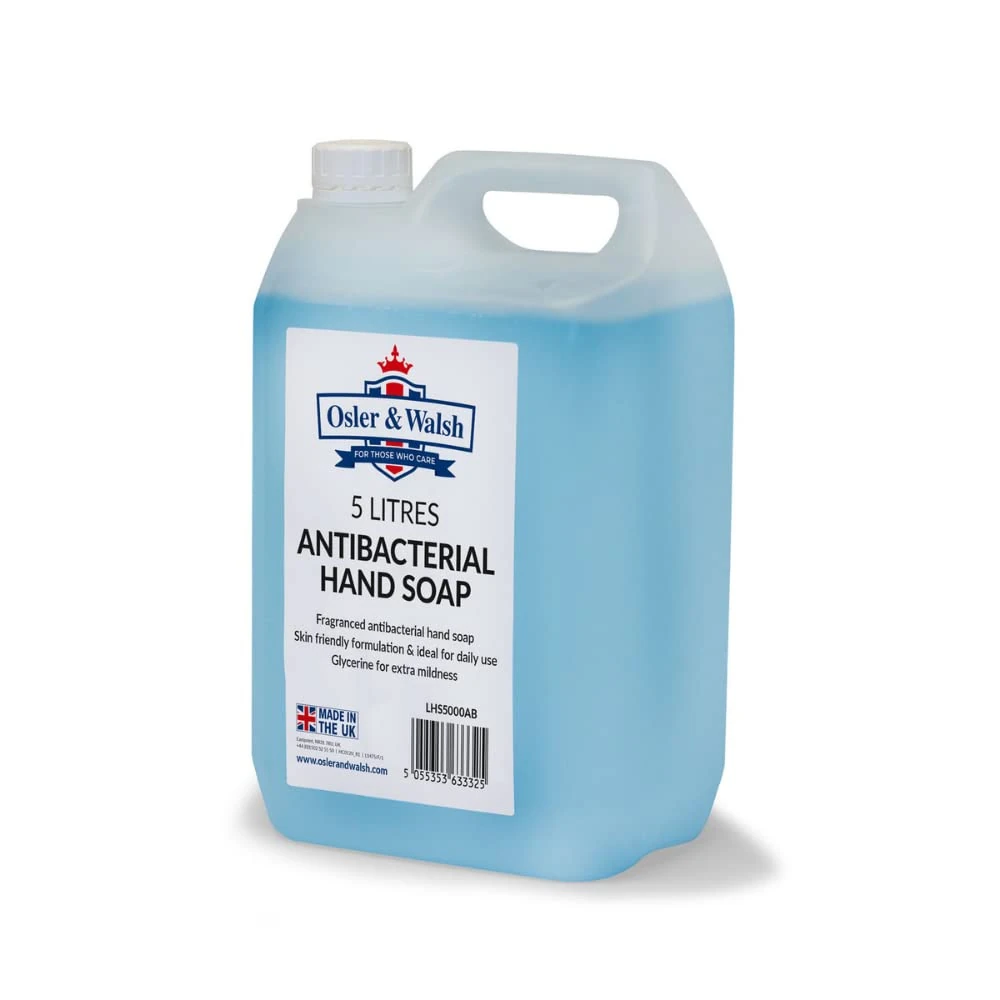 Osler & Walsh 5 Litre Antibacterial Blue Hand Soap, Lightly Fragranced Hand Wash for Home, School and the Workplace. Hydrates & Softens Skin, Non-Sticky Liquid Hand Soap Protects Skin From Dryness