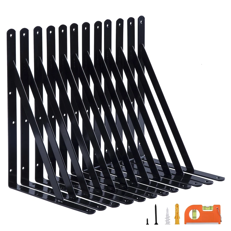 NEODROP 12-Pack 18 Inch Heavy Duty Shelf Brackets, Thicken Wall Bracket for Garage Floating Storage Shelves, Black Powder-Coated Steel