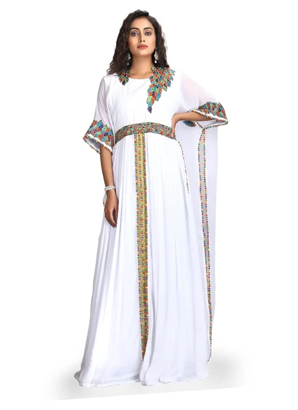 RobeDesert White Moroccan Abaya Kaftan for Women Dubai Kaftan Very Fancy Long Gown Farasha Embroidered Kaftan, White, 3XL