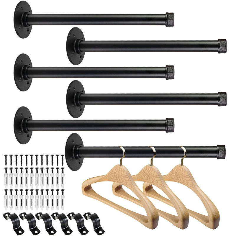 Pintuson 6 Pcs Industrial Pipe Clothes Bar 12 Inch - Wall Mount Clothing Rack - Face Out Wall Clothing Rods for Commercial Retail Boutique Shirt Display