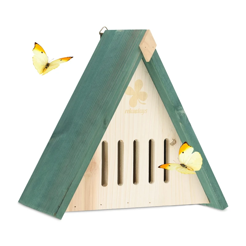 Relaxdays House, Wood, Insect Hotel for Butterflies, Garden, to Hang up, HWD: 26 x 27.5 x 16 cm, Natural/Green, 100%