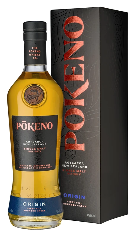 Pōkeno Origin; New Zealand Single Malt Whisky, First Fill Bourbon Casks. Dare To Discover Different. 43% ABV, 70cl, Gift Box Pokeno