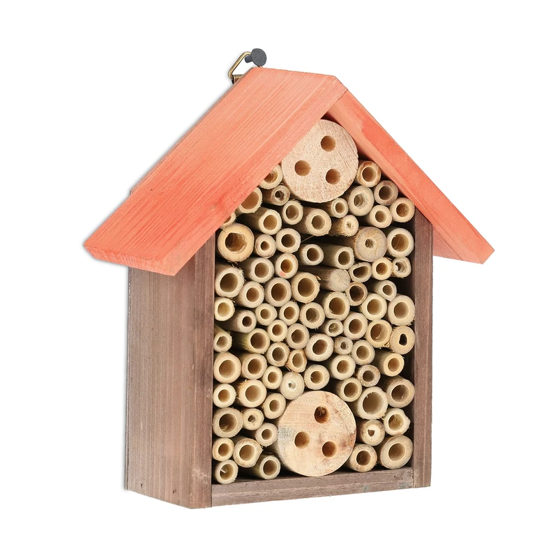 Relaxdays Insect Hotel, Wooden Nesting Aid for Bees, Wasps, Butterflies, in Garden or Terrace, HWD: 20x17x8.5 cm, Orange