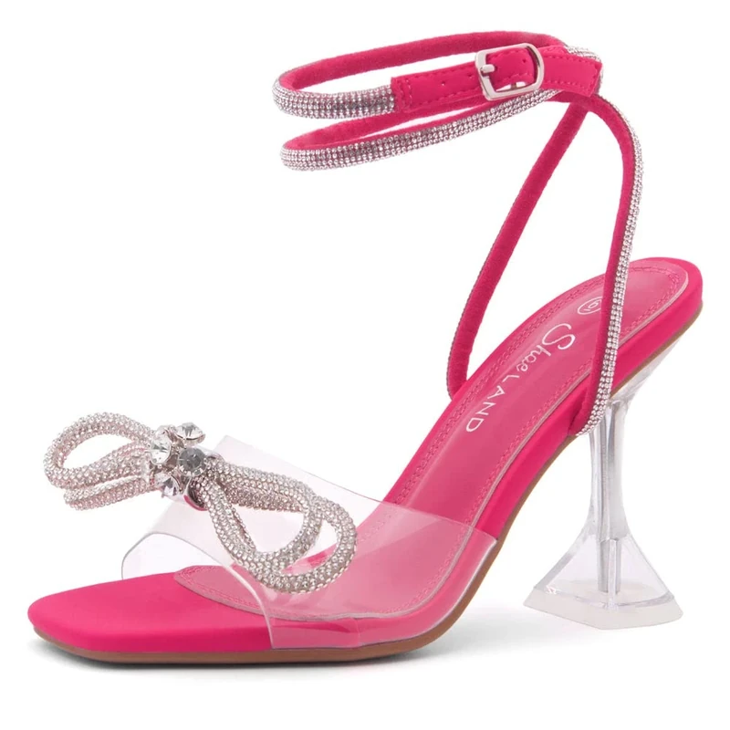 Shoe Land Women’s Clear Rhinestone Bow Heels – Double Bowknot & Adjustable Ankle Strap | Crystal Stiletto High Heels with Square Open Toe for Wedding & Party, Clearfuchsia, 3 UK