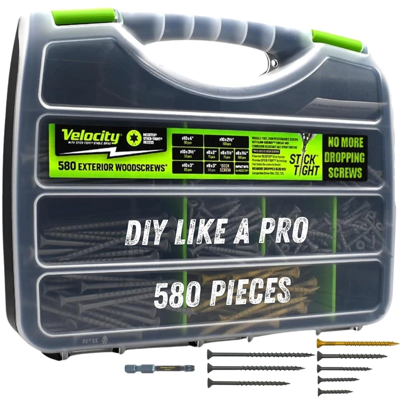 Velocity Exterior Wood Screw Site Case – 580 Assorted Wood Screws in 6 Sizes Made with Carbon Steel, Includes 4 Hexstix Drive Bits and Plastic Screw Storage Organizer (580 Pieces)