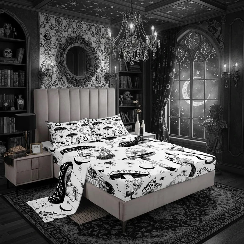 Castle Fairy Wild Mushroom Bed Sheet Set King Size,Abstract Sun Moon Starry Bedding Set Gothic Plants Fitted Sheet for Kids Boys Teens Room Decor,Black White Sketch Style Bed Cover with 2 Pillowcases