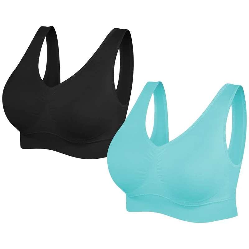 SIMIYA Super Comfort Bra, Womens Sports Bras Removable Pads Plus Size Sleep Bras for Girls in Yoga Bralette Leisure Stretch Crop Tops Vest (4XL, 2 Pack Black+Blue)