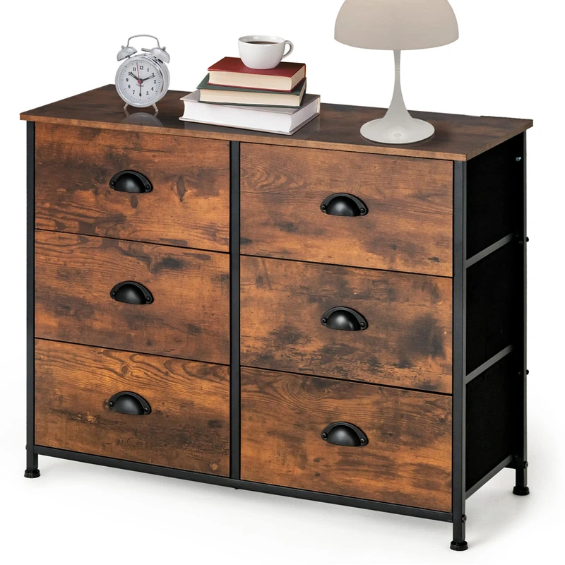 CASART Chest of Drawers, Wooden Dresser Chests with Metal Handles, 5/6 Folding Drawers Sideboard Cabinet for Bedroom Living Room Hallway (Rustic Brown, 6 Drawers-80 x 30 x 63cm)