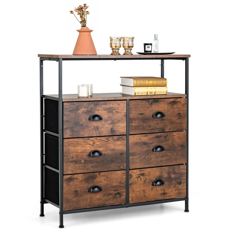 CASART Chest of Drawers, Wooden Dresser Chests with Metal Handles, 5/6 Folding Drawers Sideboard Cabinet for Bedroom Living Room Hallway (Rustic Brown, 6 Drawers+Shelf-80 x 30 x 90cm)