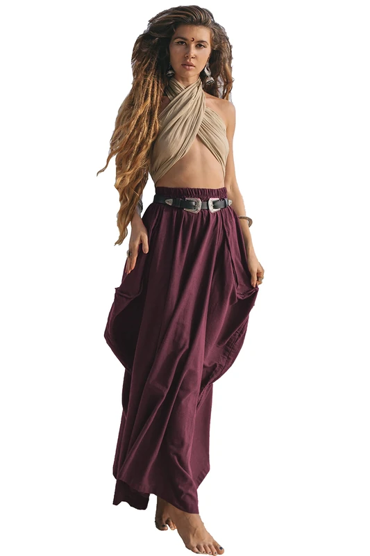 Thaluta Women's Maxi Boho Skirt with Pockets Bohemian Organic Cotton Hippie Gypsy, Mangosteen - Image 1