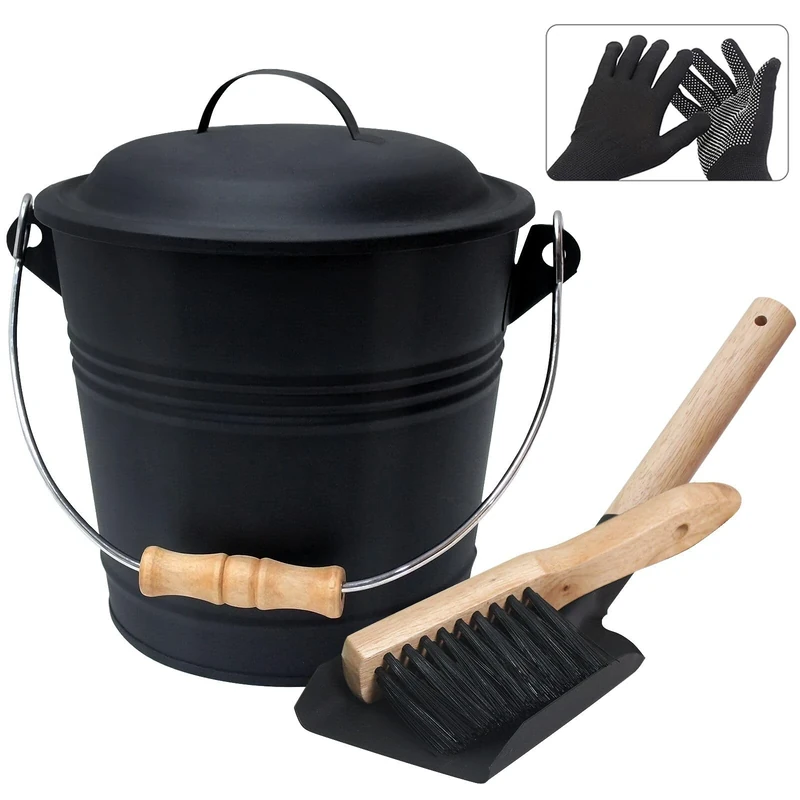 BRIAN & DANY Ash Bucket for Fireplaces, Coal Bucket with Lid, 5L Metal Buckets for Hot Ash with Shovel and Hand Broom