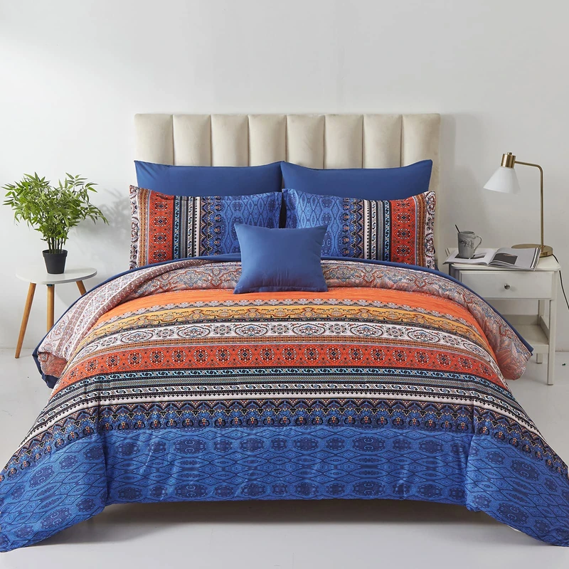 Cottolester Boho Comforter Set Queen Size 8 Piece Bed in a Bag Burnt Orange Paisley Fall Comforter and Sheet Set Bohemian Striped Bedding Set,Soft Microfiber Complete Bedding Set