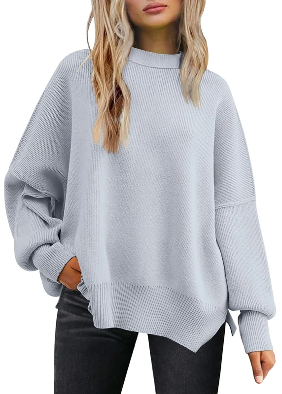 LILLUSORY Women Long Sleeve Batwing Autumn Round Neck Oversized Ribbed Knitted Pullover with Side Slit, grey, S