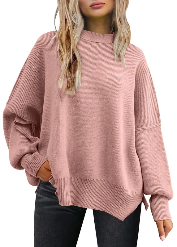 LILLUSORY Women Long Sleeve Batwing Autumn Round Neck Oversized Ribbed Knitted Pullover with Side Slit, pink, L