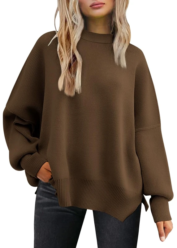 LILLUSORY Women Fall Crewneck Batwing Long Sleeve Sweater Oversized Ribbed Knit Side Slit Pullover Top, Light Coffee, L
