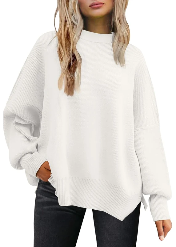 LILLUSORY Women Fall Crewneck Batwing Long Sleeve Sweater Oversized Ribbed Knit Side Slit Pullover Top, White, M