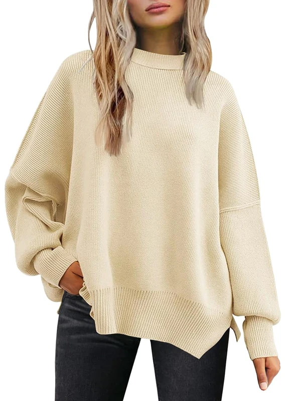 LILLUSORY Women Fall Crewneck Batwing Long Sleeve Sweater Oversized Ribbed Knit Side Slit Pullover Top, Apricot, S