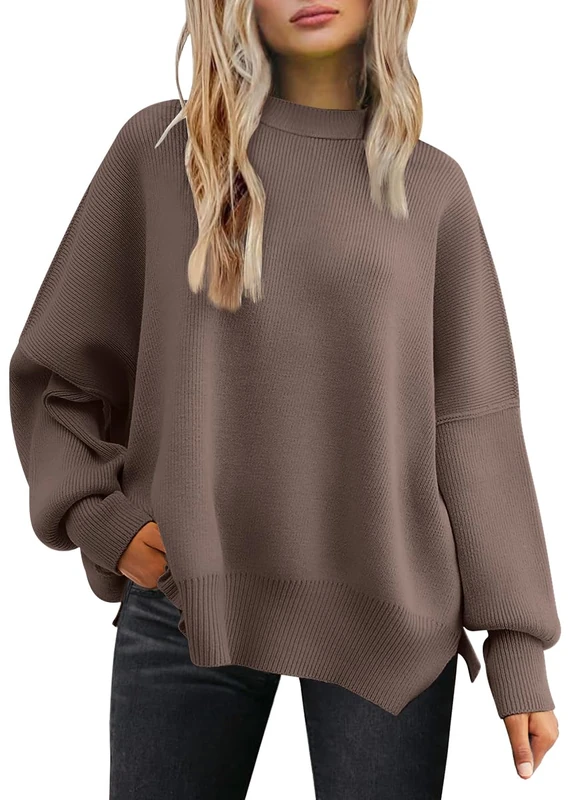 LILLUSORY Women's Crewneck Batwing Long Sleeve Sweater 2023 Fall Oversized Ribbed Knit Side Slit Pullover Top, Nutmeg, M