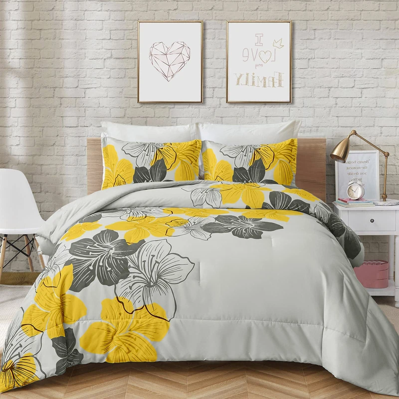 Menghomeus King Comforter Set Yellow Floral and Grey Bedding, Soft Microfiber Bedding Lightweight Boho Bed Comforter Set for All Season (1 Comforter, 2 Pillowcases)