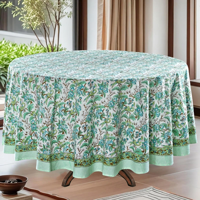 Ridhi Round Tablecloth Hand Block Print 100% Cotton Reusable Sage and Russian Green 90 Inch Table Cover Decorative Everyday Use for Dining, Home, Wedding, Farmhouse Gift for Spring, Mother's Day