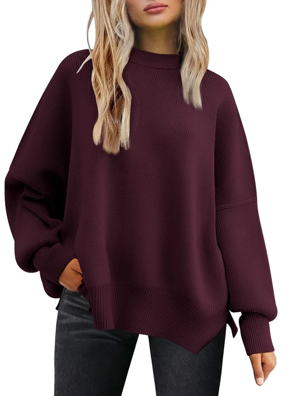 LILLUSORY Women Long Sleeve Batwing Autumn Round Neck Oversized Ribbed Knitted Pullover with Side Slit, Wine Red, XL