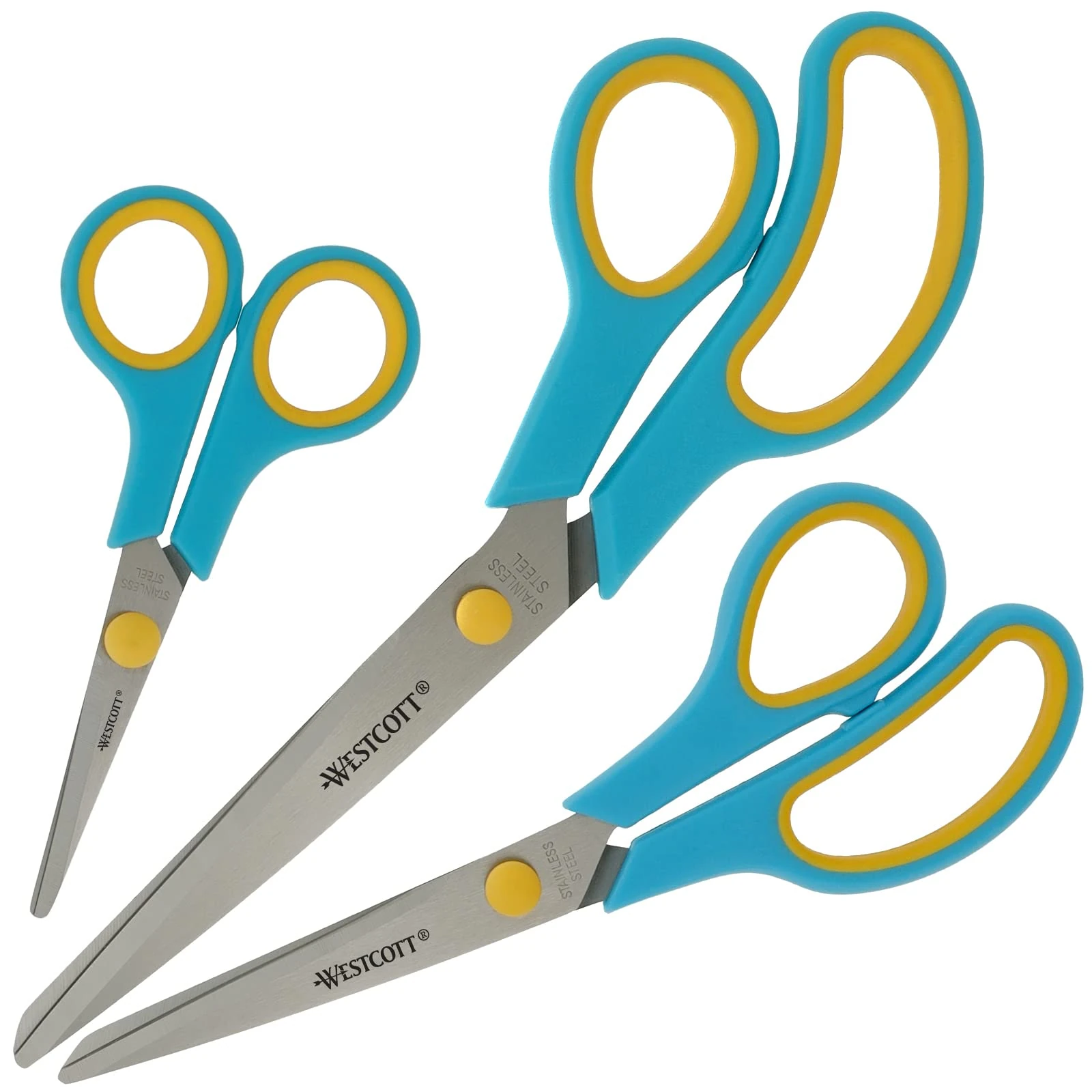 Westcott Easy Grip Scissors 3 Pieces Turquoise | Set of 3 Universal Scissors with Comfort Grip | Extra Sharp & Durable Stainless Steel Blade | N-90028 00