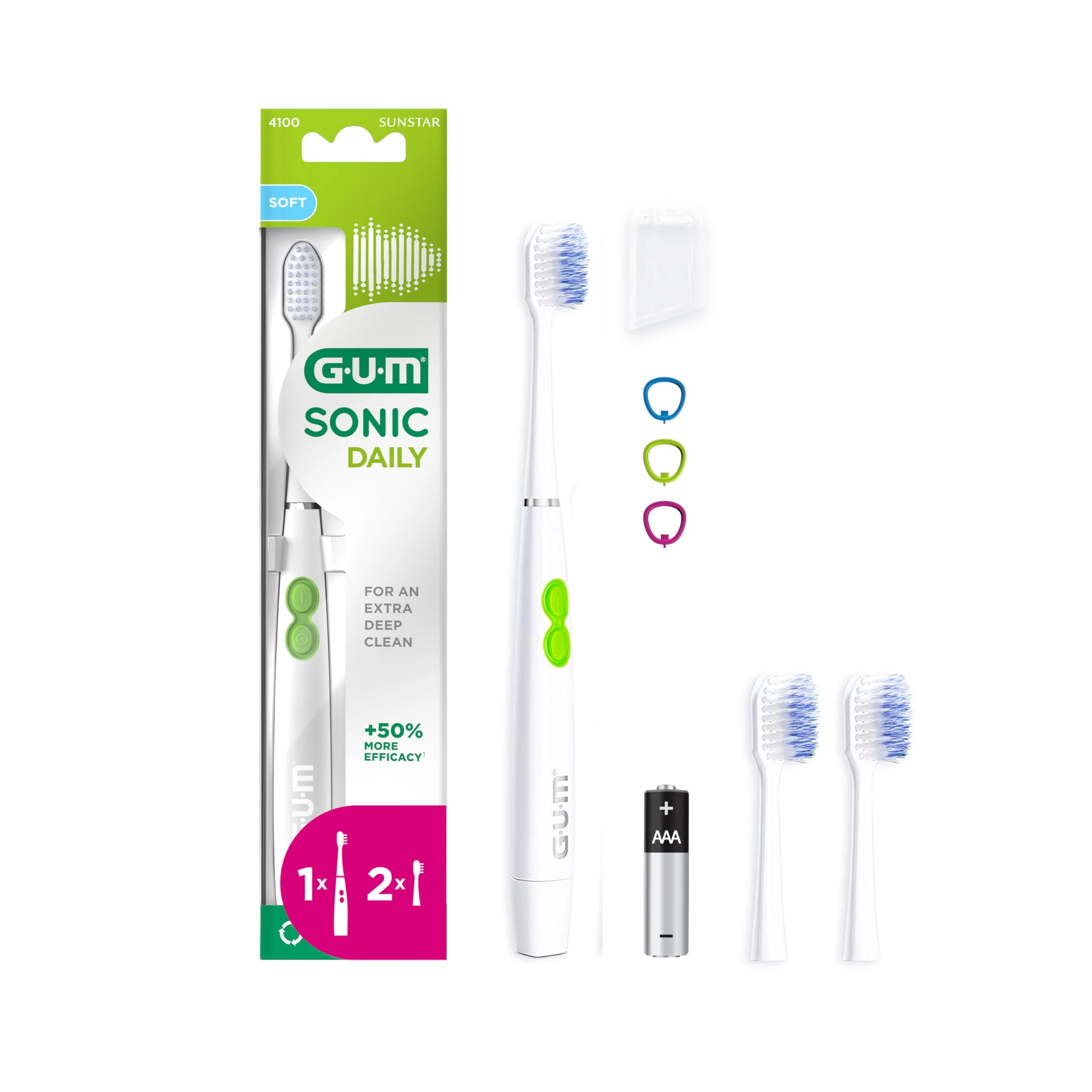 GUM Sonic Daily Battery Operated Electric Sonic Toothbrush | Particularly Suitable for on The go| for Gentle and Thorough Cleaning| 1x Toothbrush, 2X Spare Brush Heads, 1x Battery (White)
