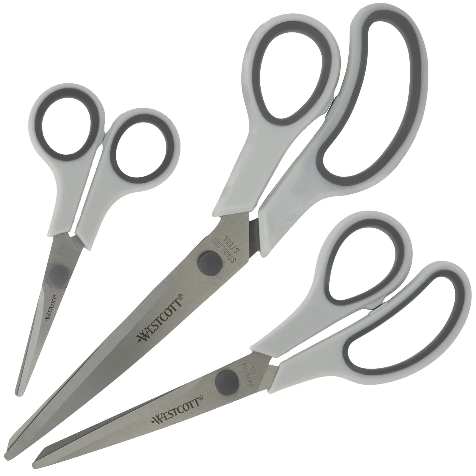 Westcott Easy Grip Scissors 3 Pieces Grey | Set of 3 Universal Scissors with Comfort Grip | Extra Sharp & Durable Stainless Steel Blade | for Crafting, Household & Office | N-90030 00