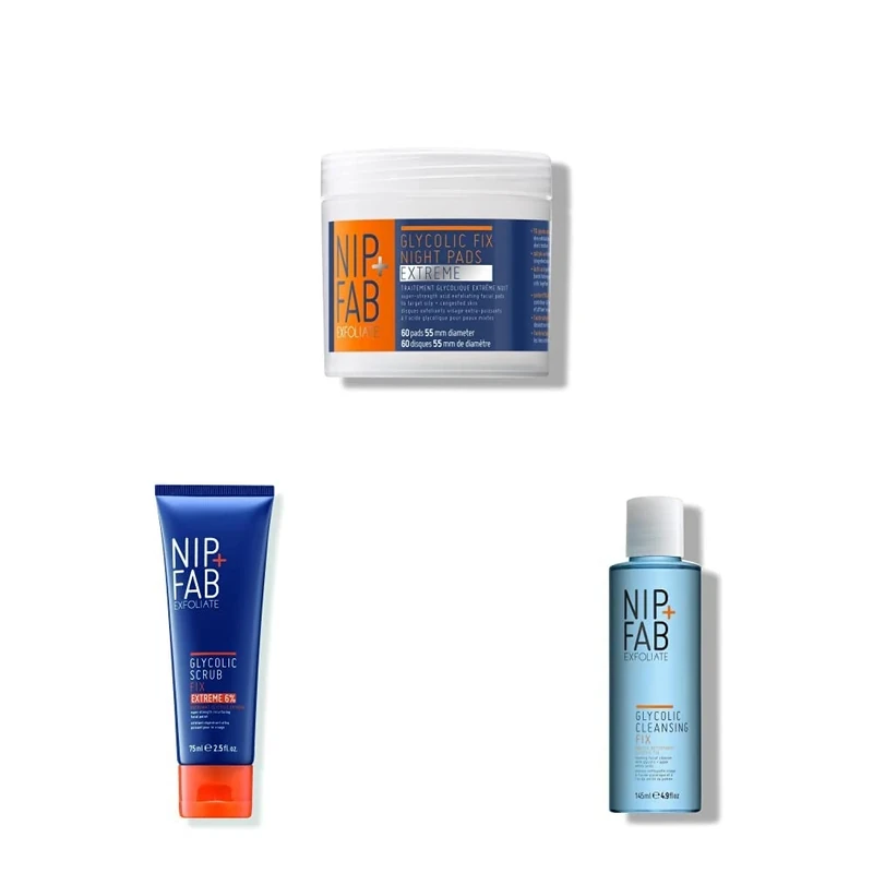 Nip + Fab Glycolic Acid Night Face Pads With Fix Foaming Cleanser With Fix Face Scrub Extreme