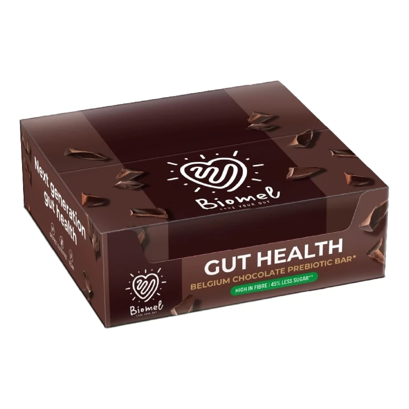 Biomel Prebiotic Gut Health Bars - Natural Ingredients - High Fibre - 45% Less Sugar - 12 Bars (Belgian Chocolate)
