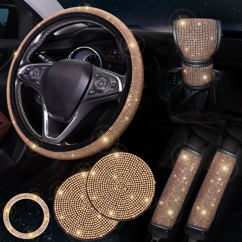ToBeQueen Gold Steering Wheel Cover Set 15 inch,7 Pack Crystal Rhinestone Diamond Bling Gold Car Accessories,Seat Belt Cover,Gold Gear Shift Push Start Button Cover, Cup Coasters,Champagne