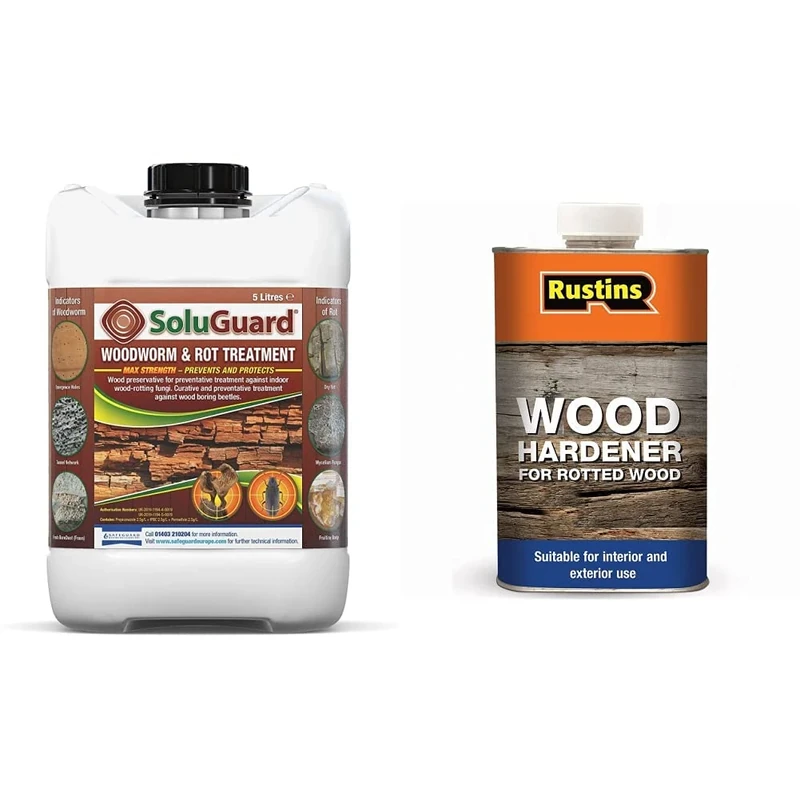 SAFEGUARD Woodworm & Rot Treatment 5 Litre Clear Soluguard Ready to Use & RUSTINS Wood Hardener 500ml for Rotted Wood